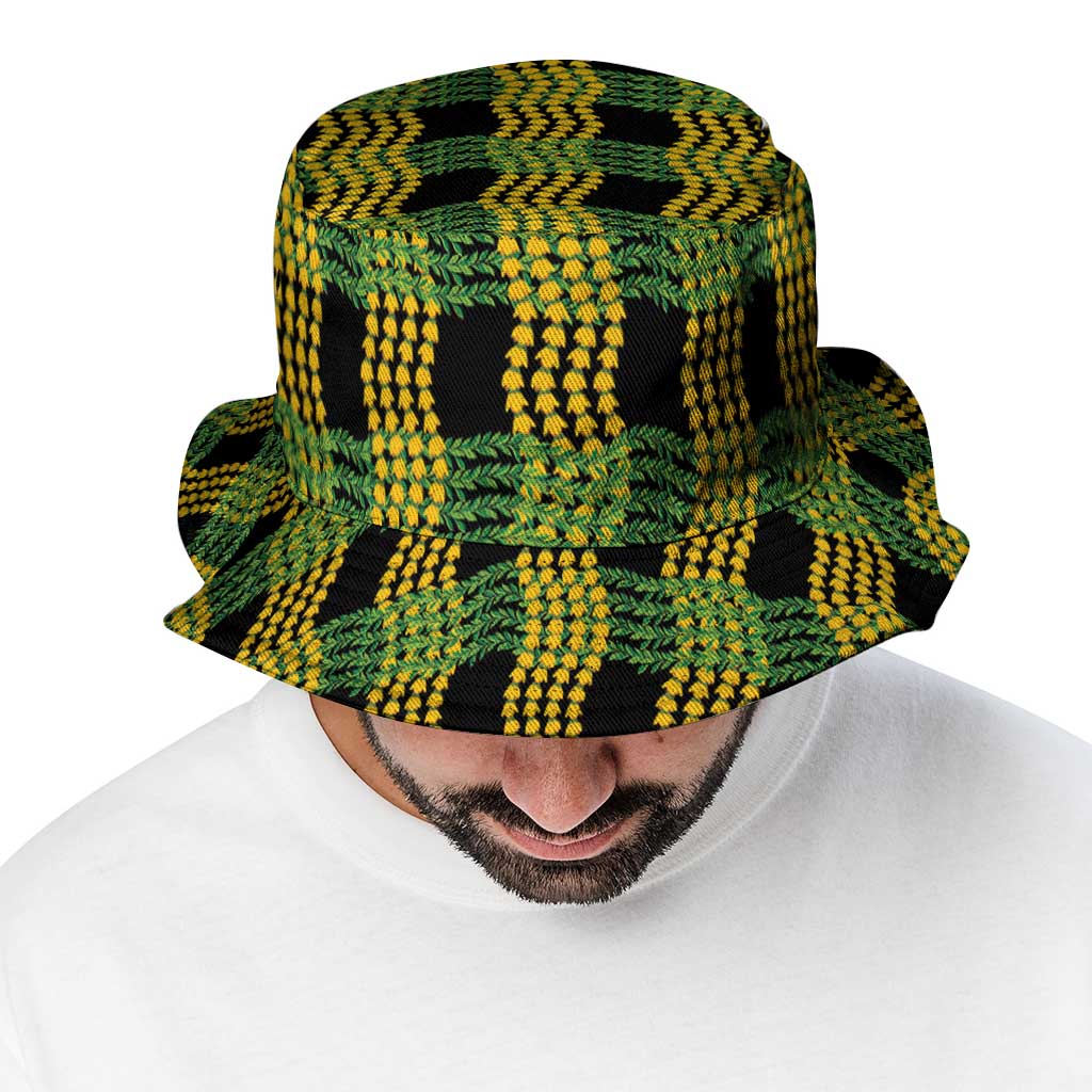 Aloha Hawaii Ilima Maile Lei Bucket Hat Palaka Inspired Hawaiian-plaid Black