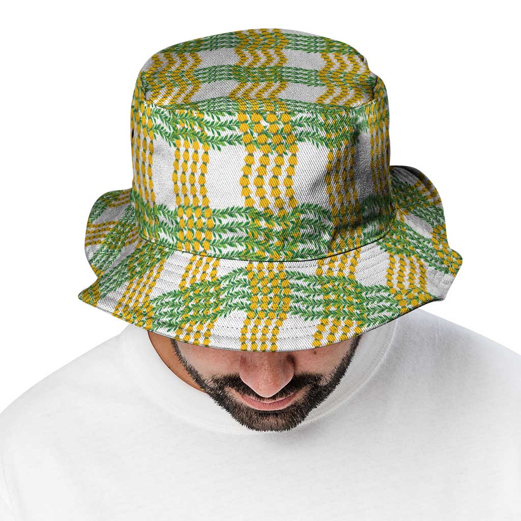 Aloha Hawaii Ilima Maile Lei Bucket Hat Palaka Inspired Hawaiian-plaid White