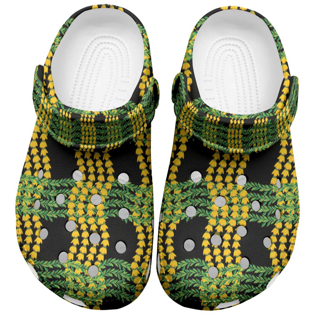 Aloha Hawaii Ilima Maile Lei Clogs Shoes Palaka Inspired Hawaiian-plaid Black
