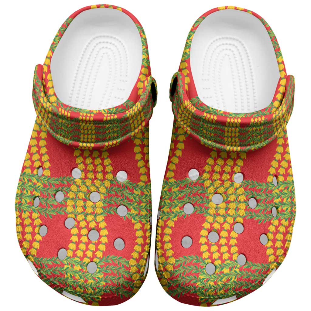 Aloha Hawaii Ilima Maile Lei Clogs Shoes Palaka Inspired Hawaiian-plaid Red