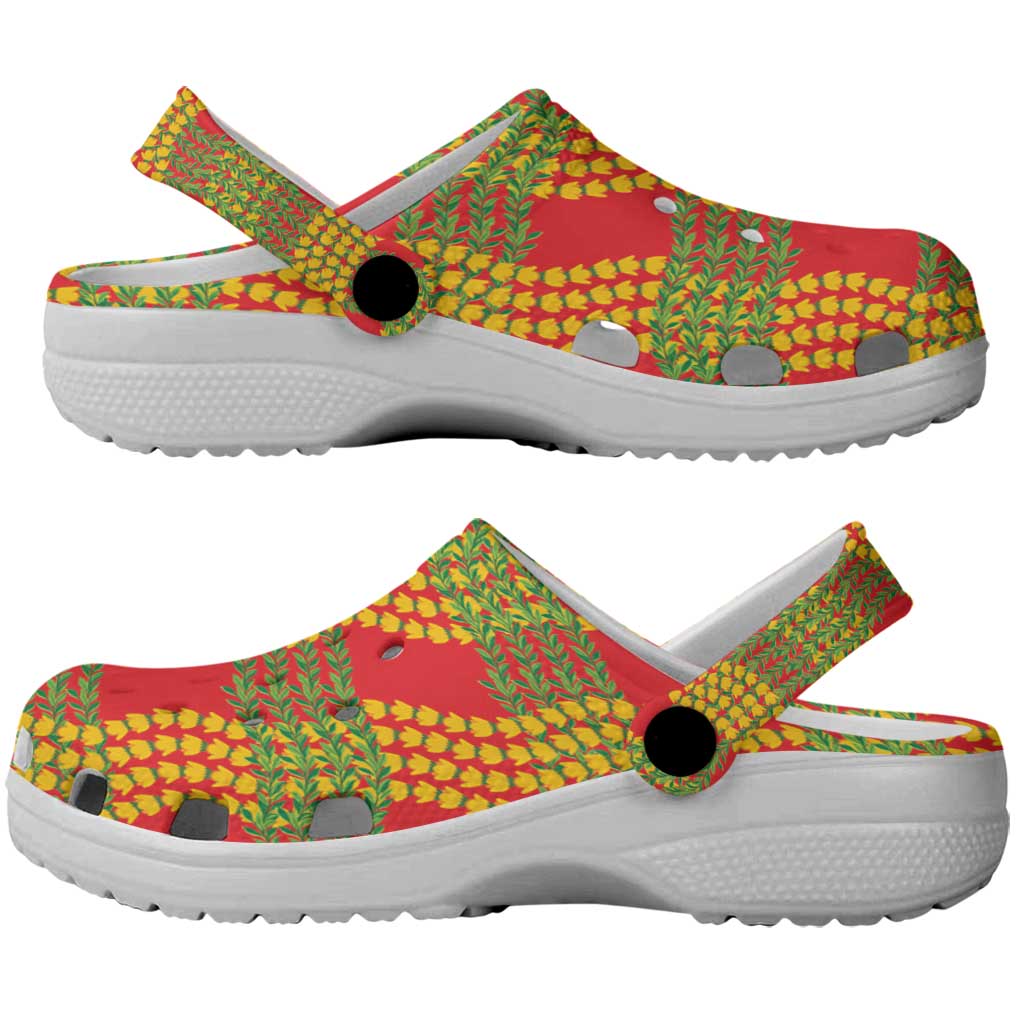 Aloha Hawaii Ilima Maile Lei Clogs Shoes Palaka Inspired Hawaiian-plaid Red