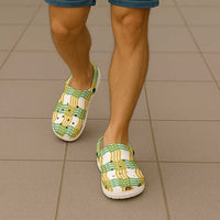 Aloha Hawaii Ilima Maile Lei Clogs Shoes Palaka Inspired Hawaiian-plaid White