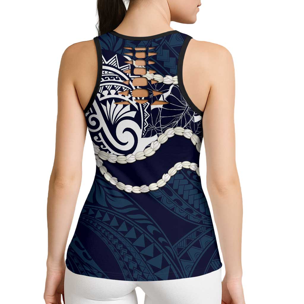Aloha Hawaii Kalo Pikake Lei Hollow Tank Top Chest Tattoo Oxford Blue Hawaiian Pattern
