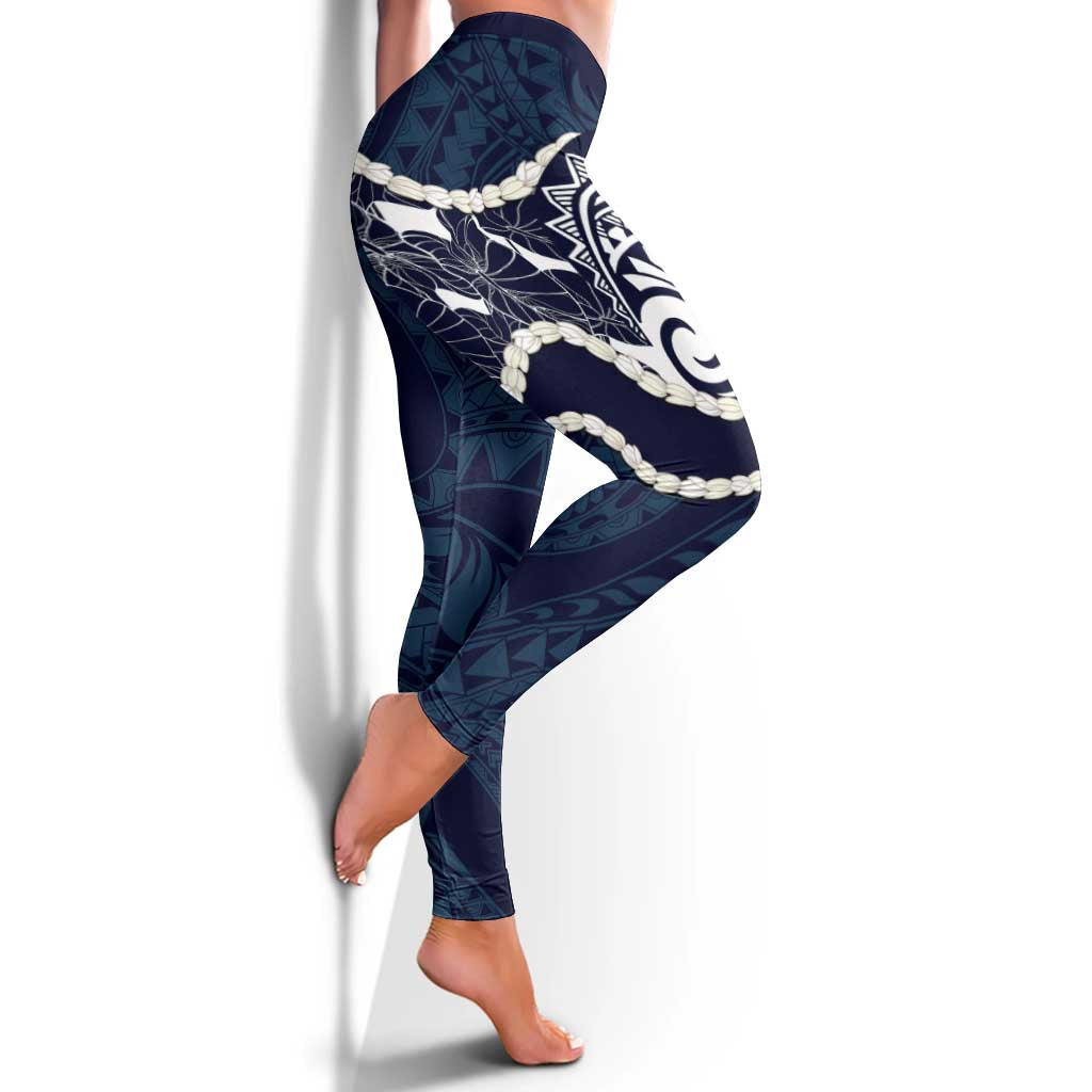 Aloha Hawaii Kalo Pikake Lei Leggings Chest Tattoo Oxford Blue Hawaiian Pattern