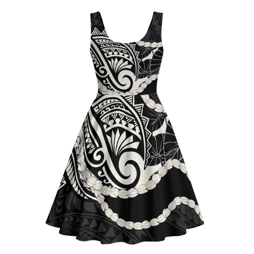 Aloha Hawaii Kalo Pikake Lei Midi Dress Chest Tattoo Black Hawaiian Pattern