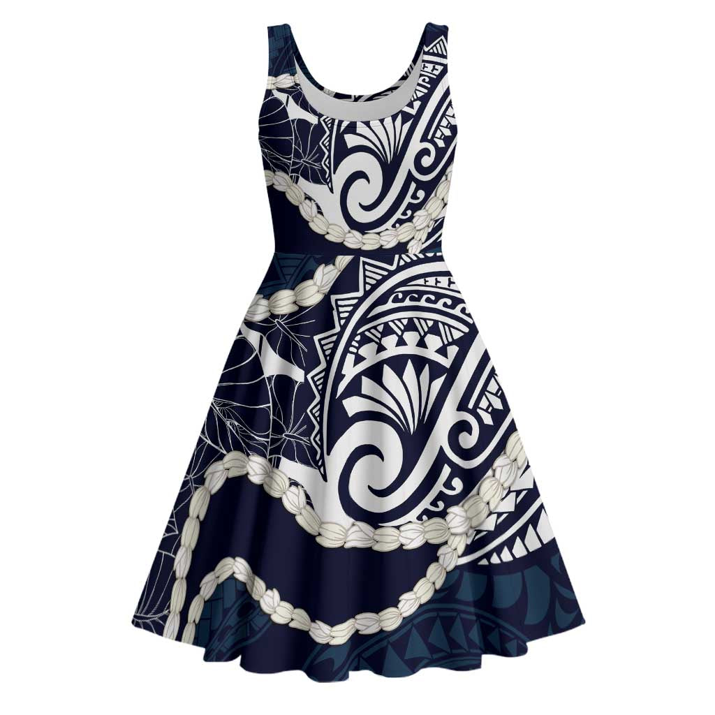 Aloha Hawaii Kalo Pikake Lei Midi Dress Chest Tattoo Oxford Blue Hawaiian Pattern