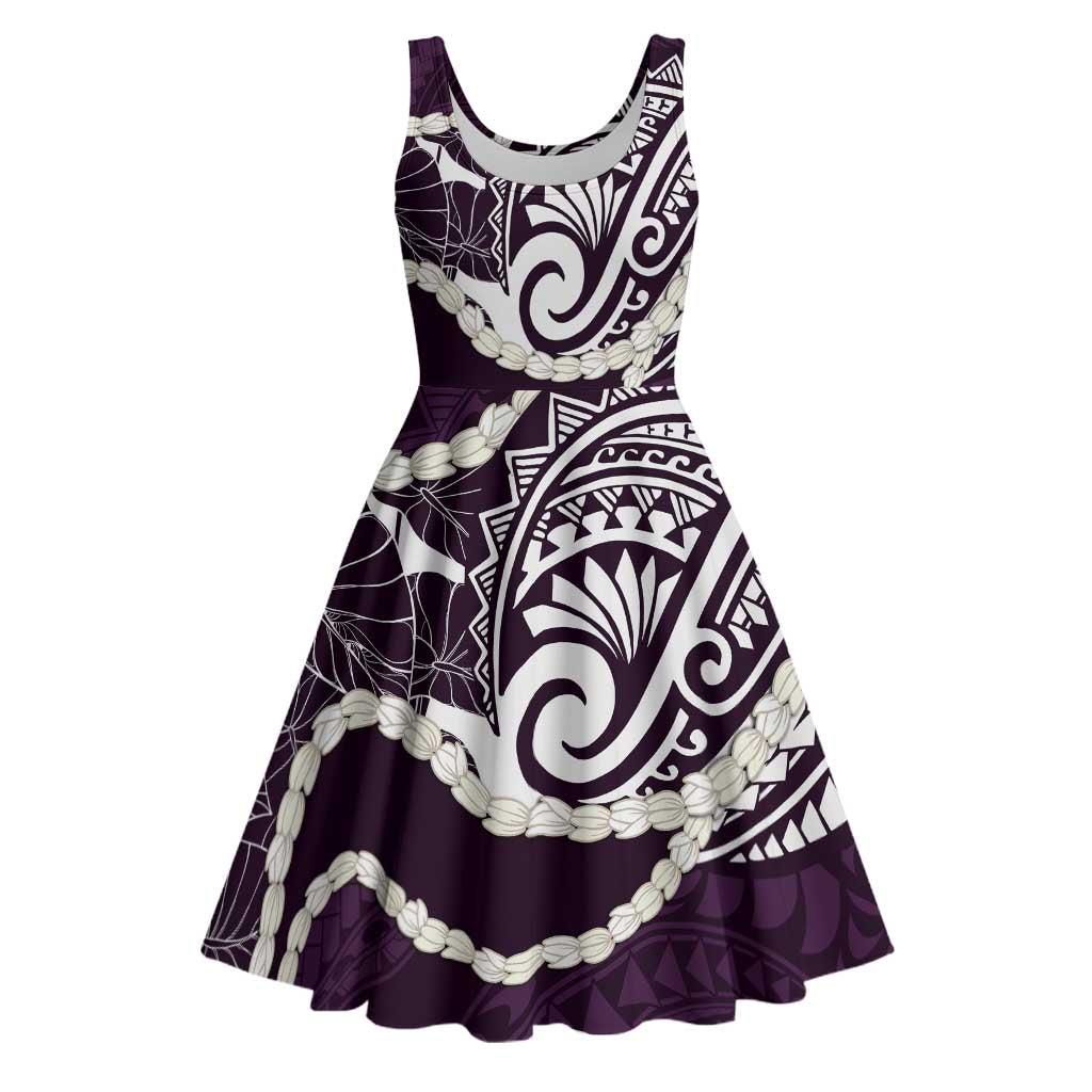 Aloha Hawaii Kalo Pikake Lei Midi Dress Chest Tattoo Purple Hawaiian Pattern