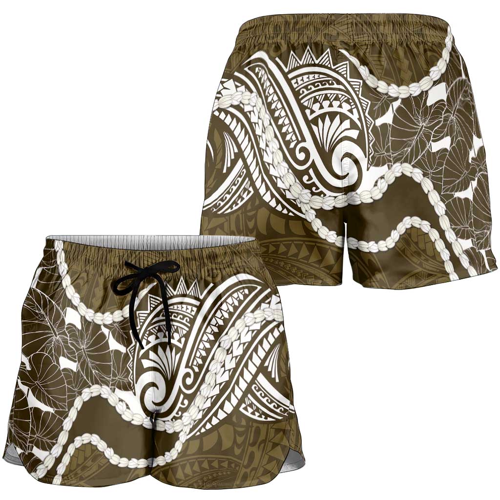 Aloha Hawaii Kalo Pikake Lei Shorts for Women Chest Tattoo Gold Hawaiian Pattern LT14 - Polynesian Pride