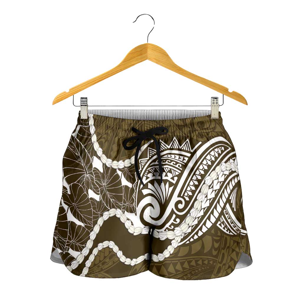 Aloha Hawaii Kalo Pikake Lei Shorts for Women Chest Tattoo Gold Hawaiian Pattern LT14 - Polynesian Pride