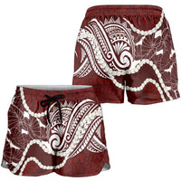 Aloha Hawaii Kalo Pikake Lei Shorts for Women Chest Tattoo Oxblood Hawaiian Pattern