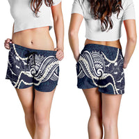Aloha Hawaii Kalo Pikake Lei Shorts for Women Chest Tattoo Oxford Blue Hawaiian Pattern
