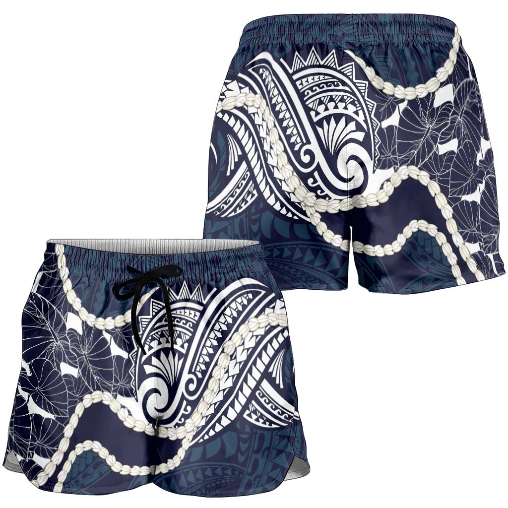 Aloha Hawaii Kalo Pikake Lei Shorts for Women Chest Tattoo Oxford Blue Hawaiian Pattern