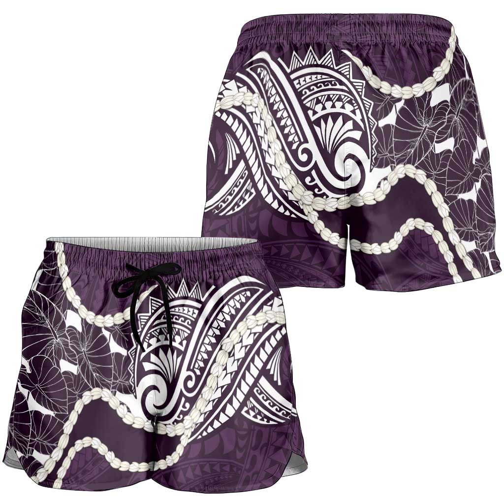 Aloha Hawaii Kalo Pikake Lei Shorts for Women Chest Tattoo Purple Hawaiian Pattern