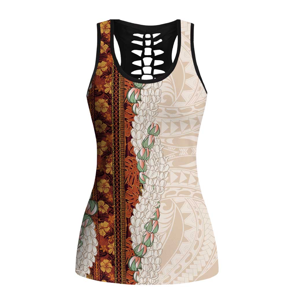 Aloha Hawaii Mikioi Lei Hollow Tank Top Beige Tropical Flower Pattern - Polynesian Pride
