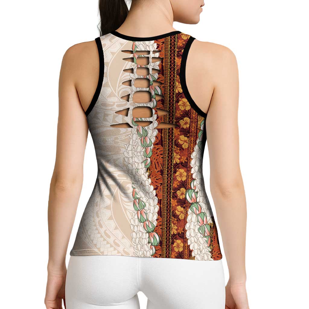Aloha Hawaii Mikioi Lei Hollow Tank Top Beige Tropical Flower Pattern - Polynesian Pride