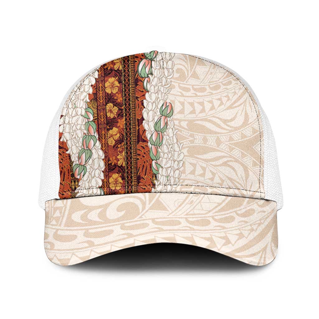 Aloha Hawaii Mikioi Lei Mesh Trucker Cap Beige Tropical Flower Pattern - Polynesian Pride