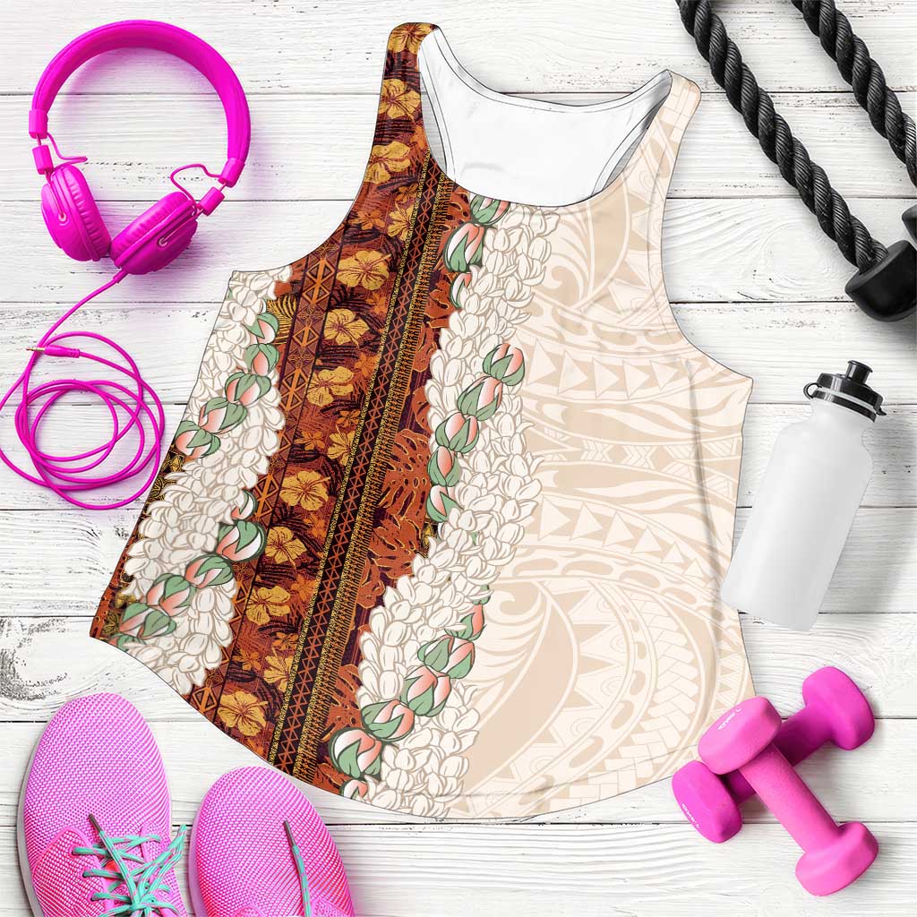 Aloha Hawaii Mikioi Lei Women Racerback Tank Beige Tropical Flower Pattern - Polynesian Pride