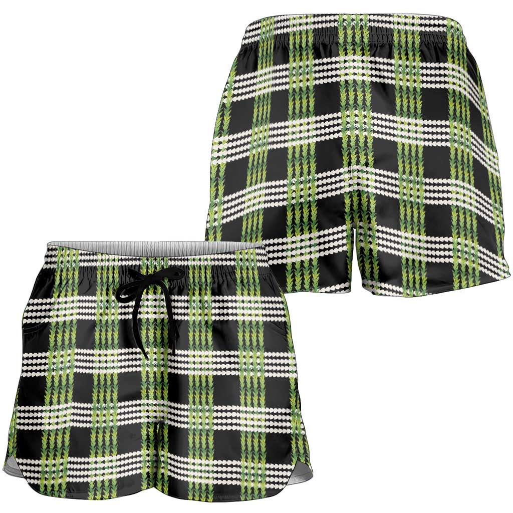 Aloha Hawaii Pakalana Pikake Lei Shorts for Women Palaka Inspired Hawaiian-plaid Black