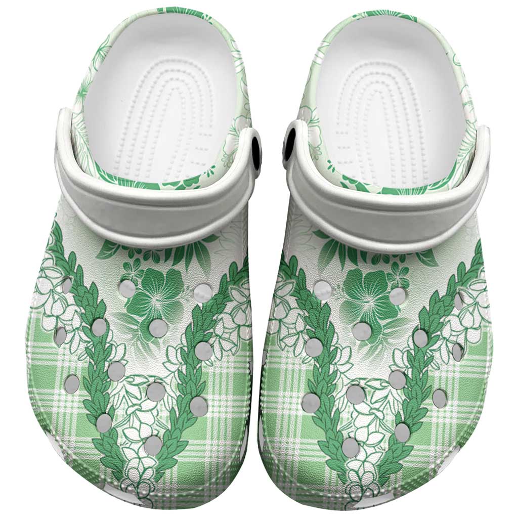 Aloha Hawaii Palaka Clogs Shoes Green Plumeria Lei