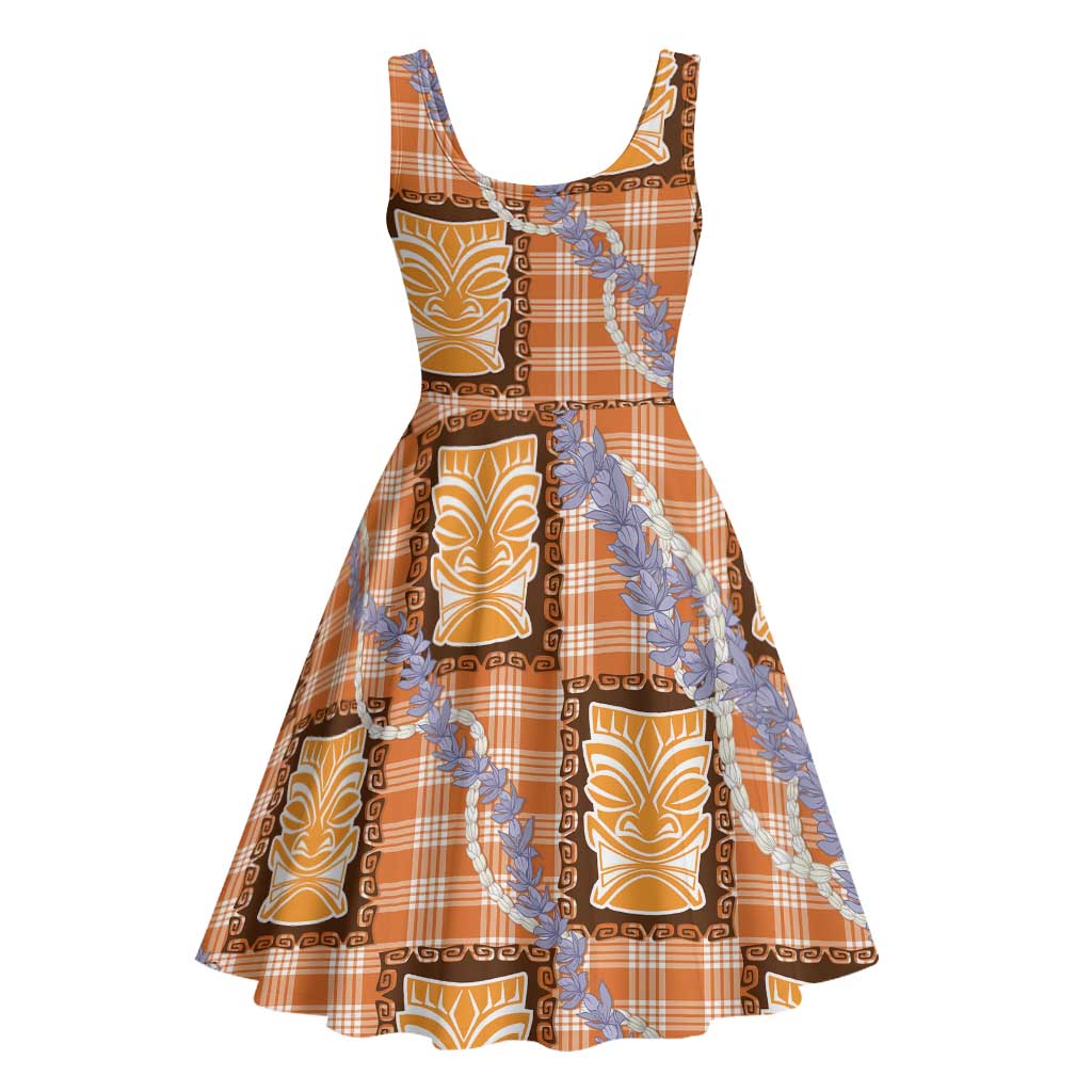 Aloha Hawaii Tiki Palaka Motifs Midi Dress Honohono Lei Orange Elegant Vibes LT14 - Polynesian Pride