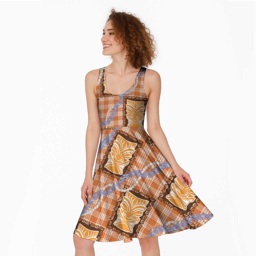 Aloha Hawaii Tiki Palaka Motifs Midi Dress Honohono Lei Orange Elegant Vibes LT14 - Polynesian Pride