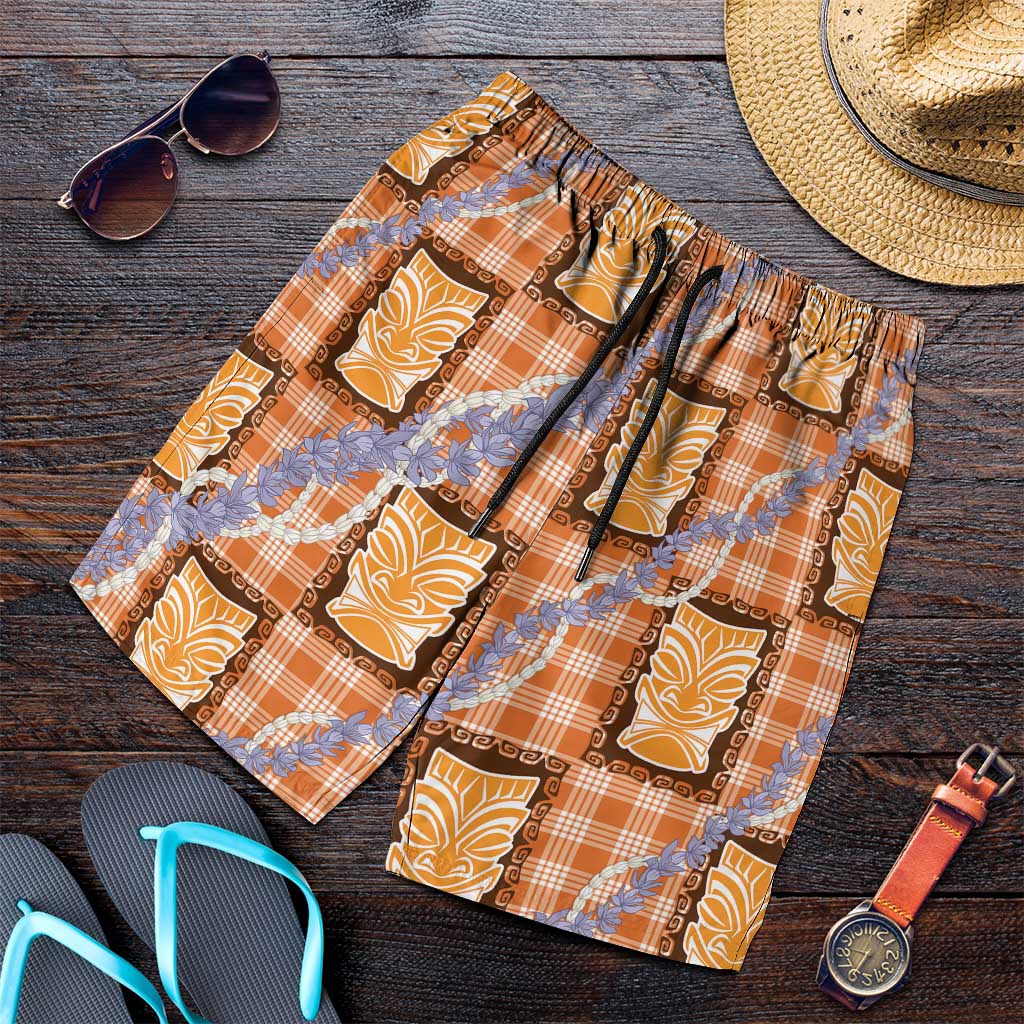 Aloha Hawaii Tiki Palaka Motifs Shorts for Men Honohono Lei Orange Elegant Vibes LT14 Orange - Polynesian Pride