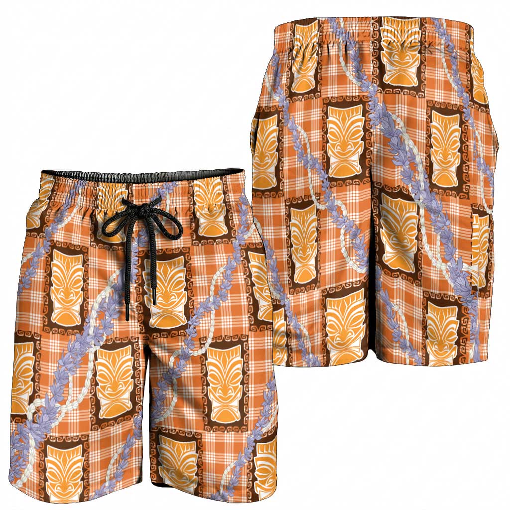 Aloha Hawaii Tiki Palaka Motifs Shorts for Men Honohono Lei Orange Elegant Vibes LT14 - Polynesian Pride