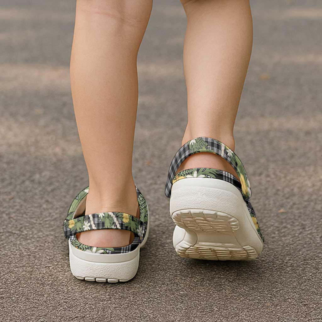Aloha Puakenikeni Anthurium Pikake Lei Clogs Shoes Black Hawaiian Palaka Pattern