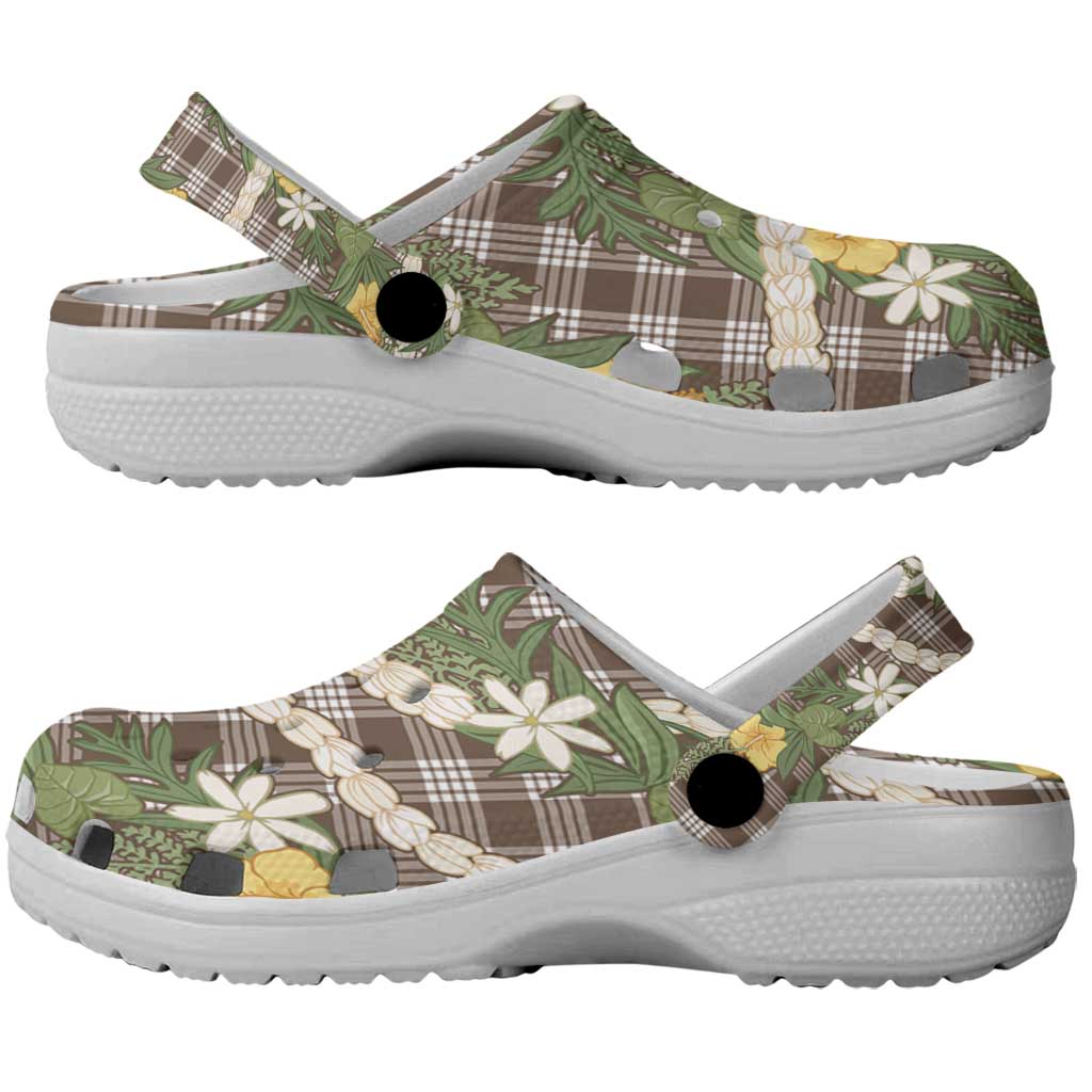 Aloha Puakenikeni Anthurium Pikake Lei Clogs Shoes Chocolate Hawaiian Palaka Pattern