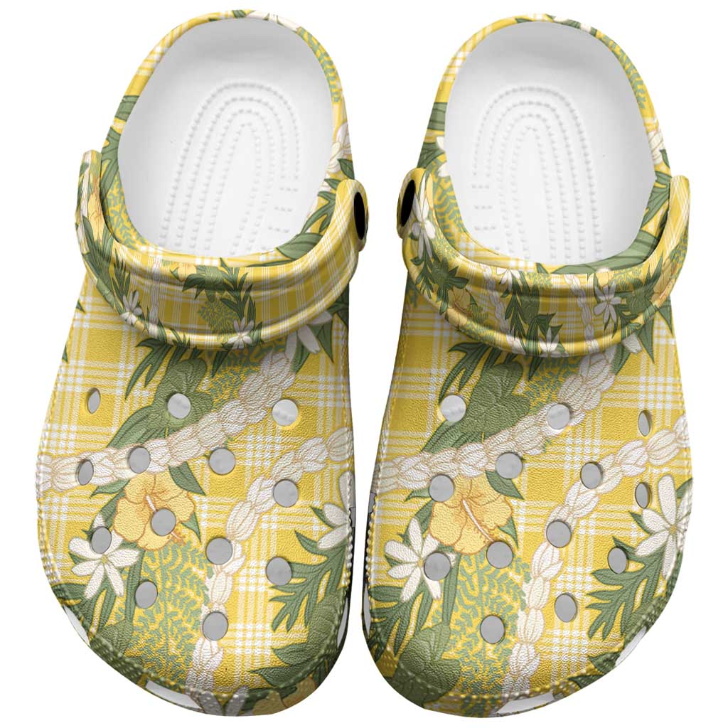 Aloha Puakenikeni Anthurium Pikake Lei Clogs Shoes Gold Hawaiian Palaka Pattern LT9 Gold - Polynesian Pride