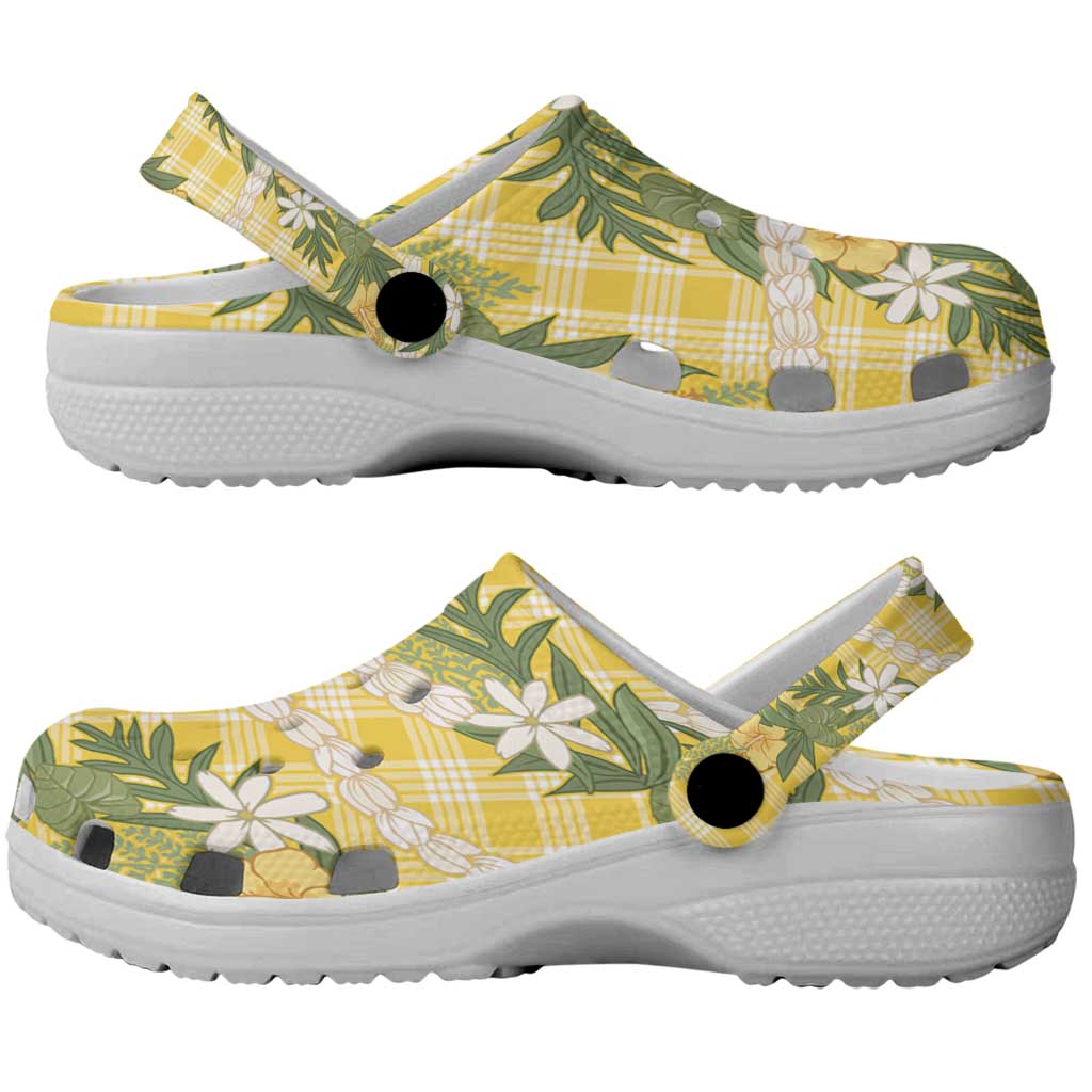 Aloha Puakenikeni Anthurium Pikake Lei Clogs Shoes Gold Hawaiian Palaka Pattern LT9 - Polynesian Pride