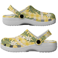 Aloha Puakenikeni Anthurium Pikake Lei Clogs Shoes Gold Hawaiian Palaka Pattern LT9 - Polynesian Pride