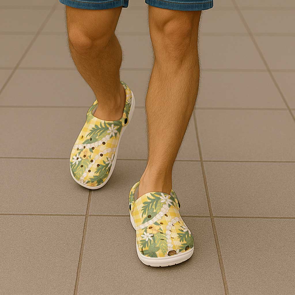 Aloha Puakenikeni Anthurium Pikake Lei Clogs Shoes Gold Hawaiian Palaka Pattern LT9 - Polynesian Pride