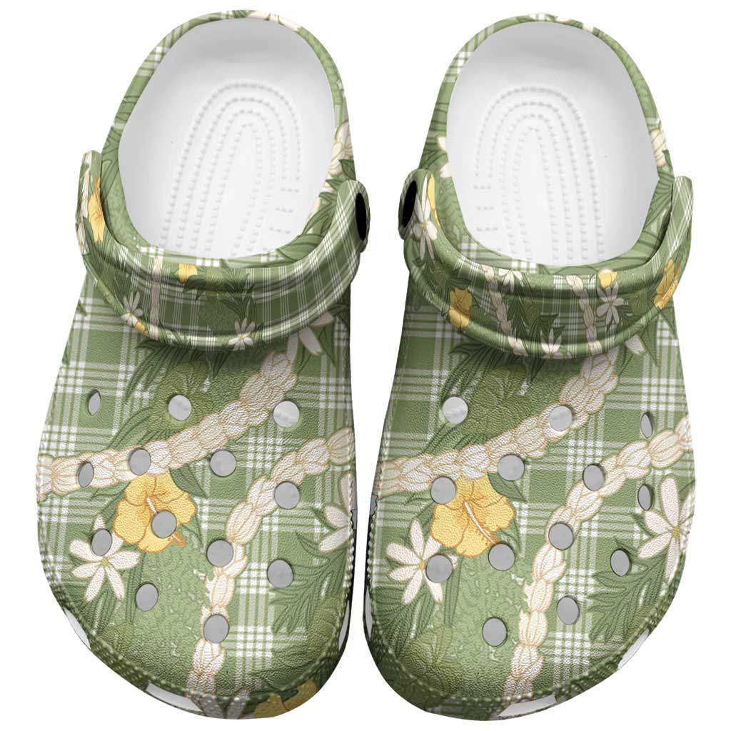 Aloha Puakenikeni Anthurium Pikake Lei Clogs Shoes Green Hawaiian Palaka Pattern LT9 Green - Polynesian Pride