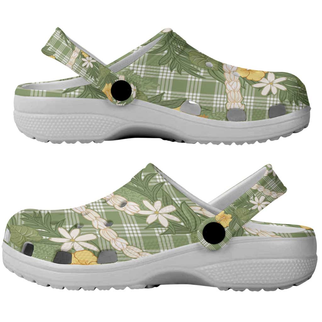 Aloha Puakenikeni Anthurium Pikake Lei Clogs Shoes Green Hawaiian Palaka Pattern LT9 - Polynesian Pride