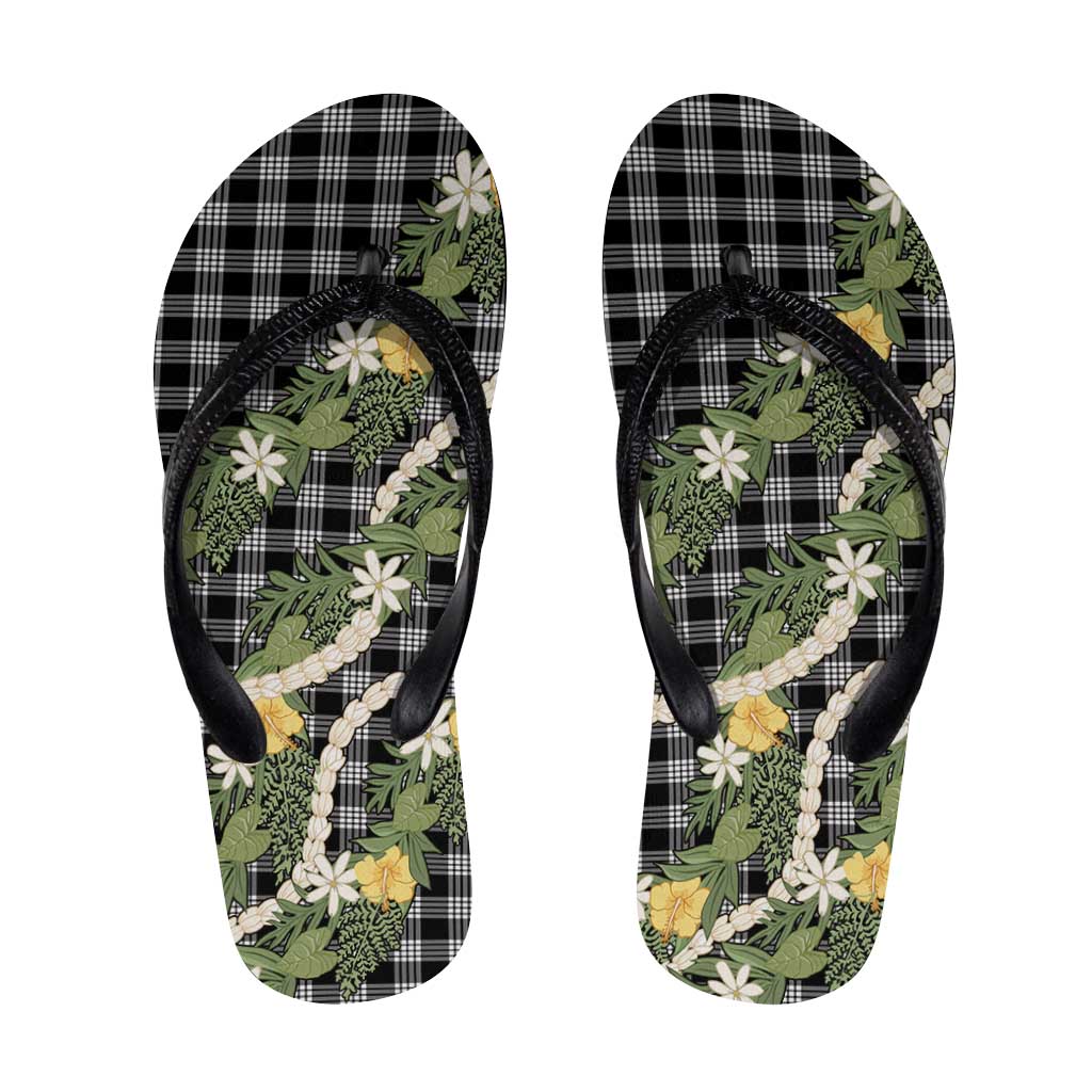 Aloha Puakenikeni Anthurium Pikake Lei Flip Flops Black Hawaiian Palaka Pattern