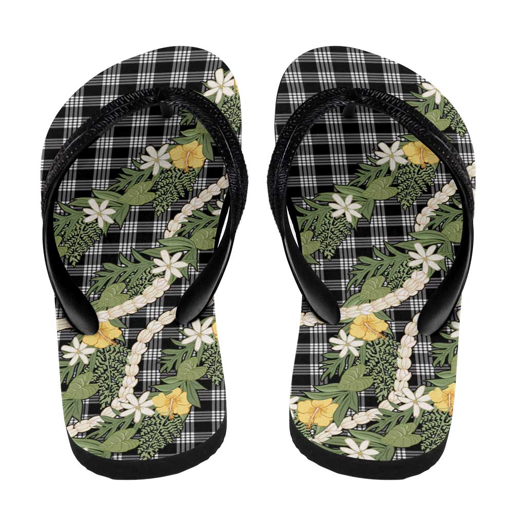 Aloha Puakenikeni Anthurium Pikake Lei Flip Flops Black Hawaiian Palaka Pattern