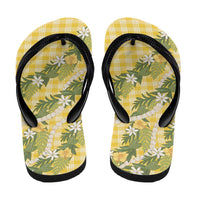 Aloha Puakenikeni Anthurium Pikake Lei Flip Flops Gold Hawaiian Palaka Pattern