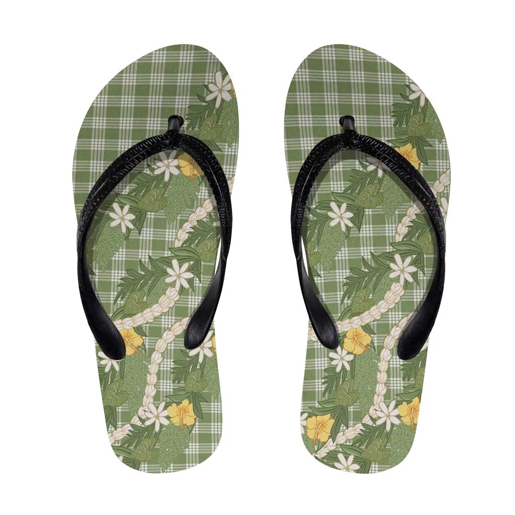 Aloha Puakenikeni Anthurium Pikake Lei Flip Flops Green Hawaiian Palaka Pattern LT9 Green - Polynesian Pride