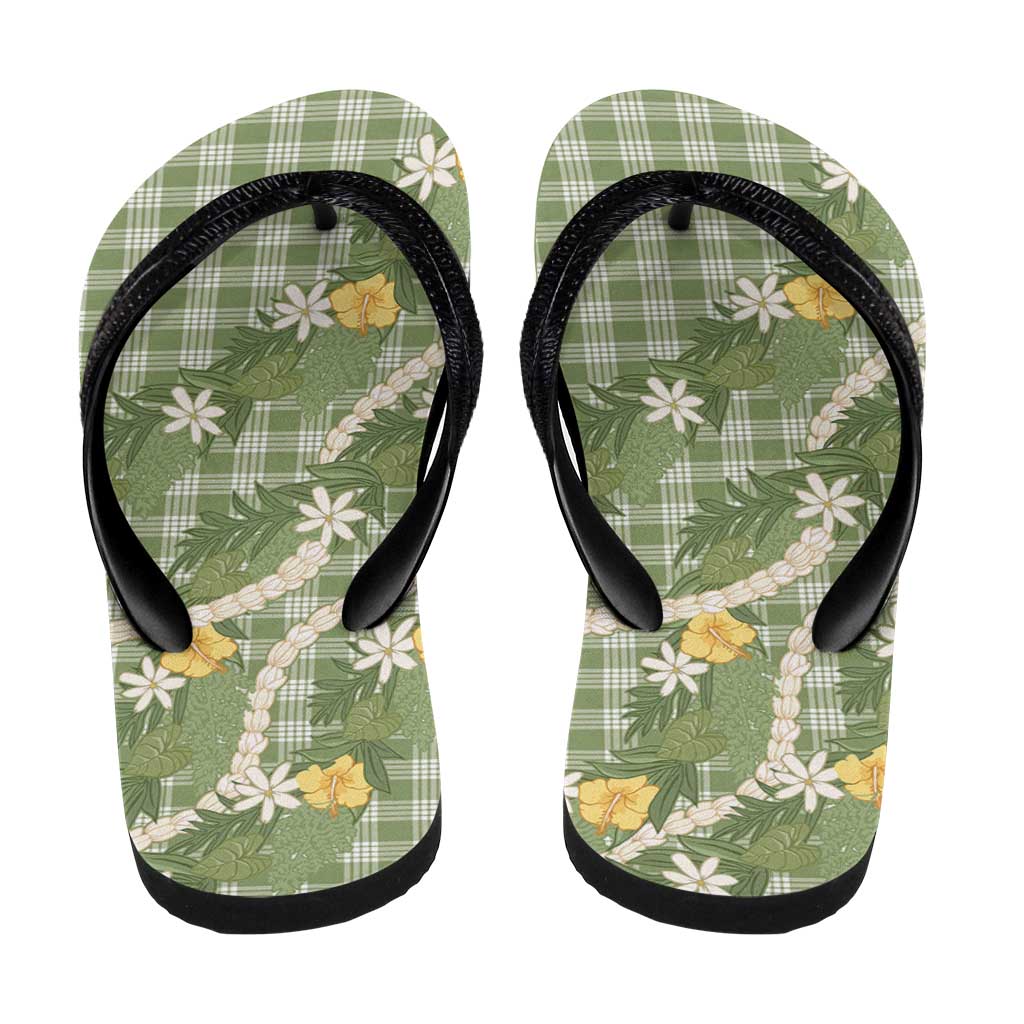 Aloha Puakenikeni Anthurium Pikake Lei Flip Flops Green Hawaiian Palaka Pattern LT9 - Polynesian Pride