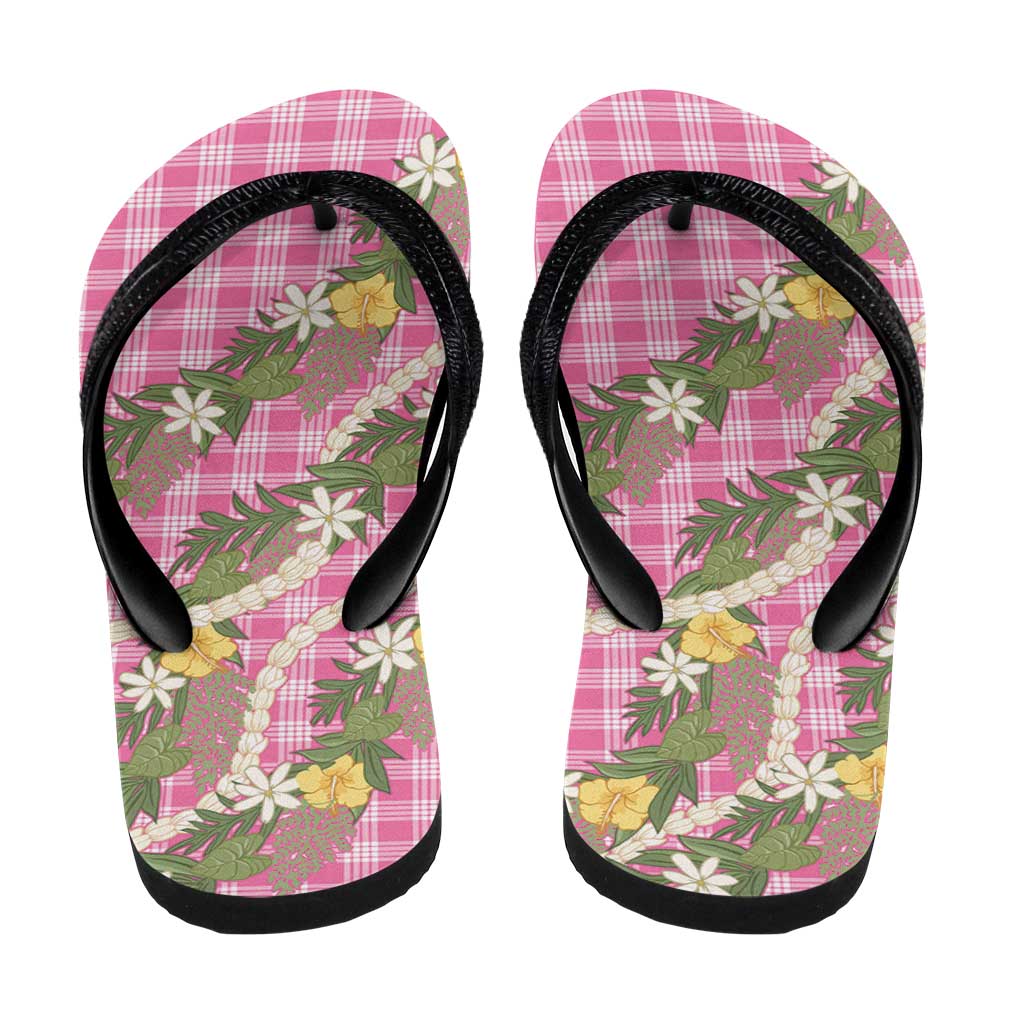 Aloha Puakenikeni Anthurium Pikake Lei Flip Flops Tropical Pink Hawaiian Palaka Pattern