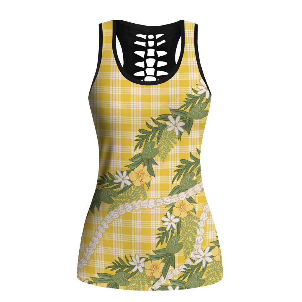 Aloha Puakenikeni Anthurium Pikake Lei Hollow Tank Top Gold Hawaiian Palaka Pattern