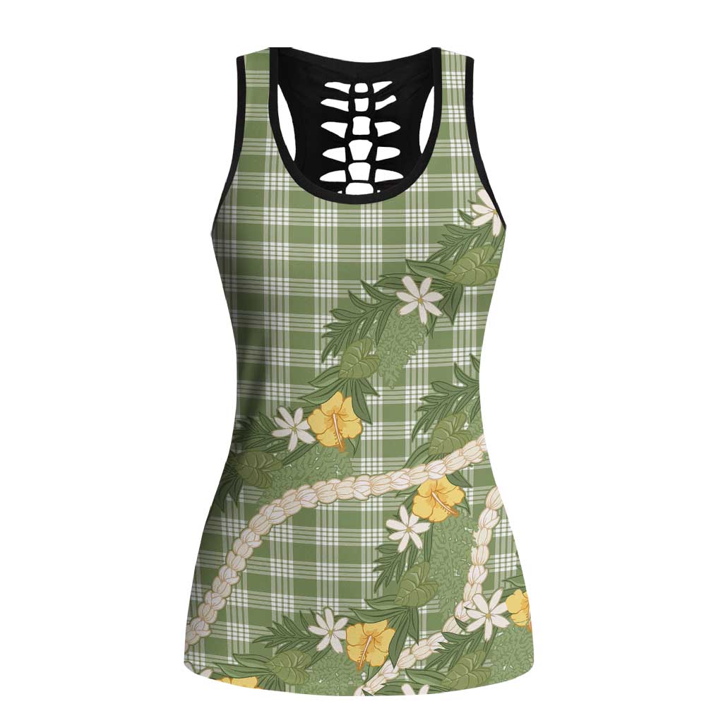 Aloha Puakenikeni Anthurium Pikake Lei Hollow Tank Top Green Hawaiian Palaka Pattern