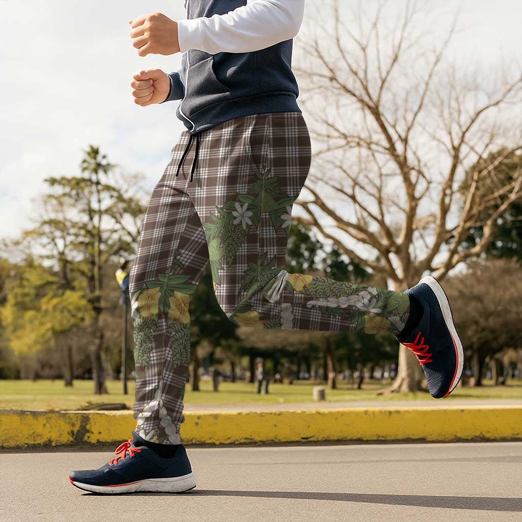 Aloha Puakenikeni Anthurium Pikake Lei Jogger Pants Chocolate Hawaiian Palaka Pattern LT9 - Polynesian Pride