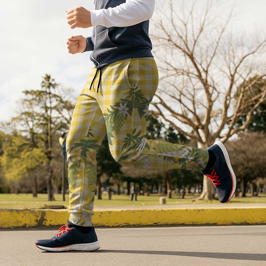 Aloha Puakenikeni Anthurium Pikake Lei Jogger Pants Gold Hawaiian Palaka Pattern