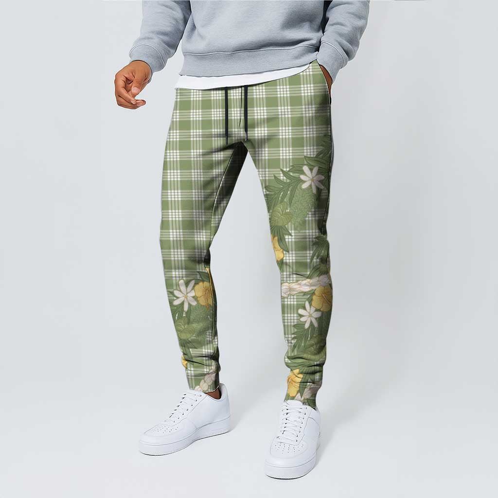 Aloha Puakenikeni Anthurium Pikake Lei Jogger Pants Green Hawaiian Palaka Pattern