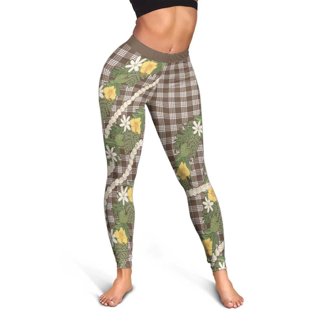 Aloha Puakenikeni Anthurium Pikake Lei Leggings Chocolate Hawaiian Palaka Pattern LT9 - Polynesian Pride