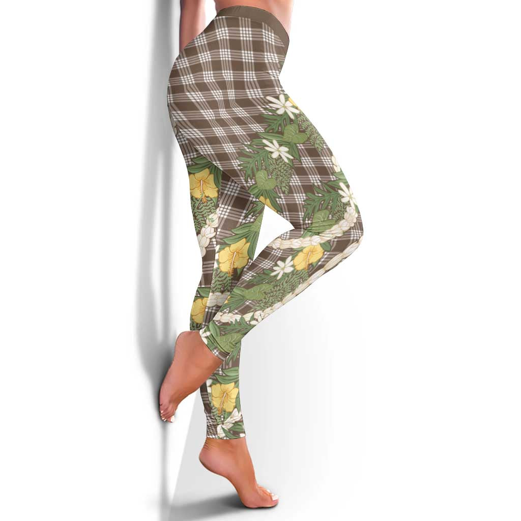 Aloha Puakenikeni Anthurium Pikake Lei Leggings Chocolate Hawaiian Palaka Pattern LT9 - Polynesian Pride