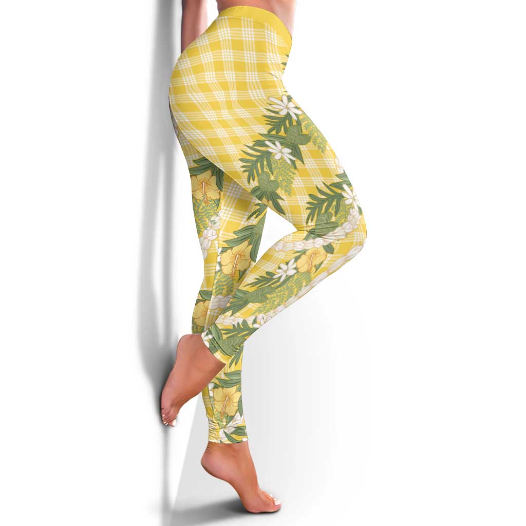 Aloha Puakenikeni Anthurium Pikake Lei Leggings Gold Hawaiian Palaka Pattern