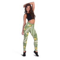 Aloha Puakenikeni Anthurium Pikake Lei Leggings Green Hawaiian Palaka Pattern LT9 - Polynesian Pride